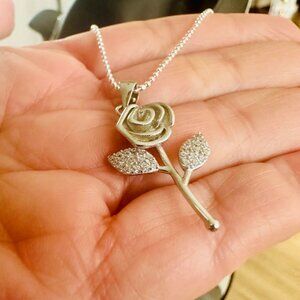 Silver 925 Rose Pendant & Zircon Necklace Solid Jewelry Love